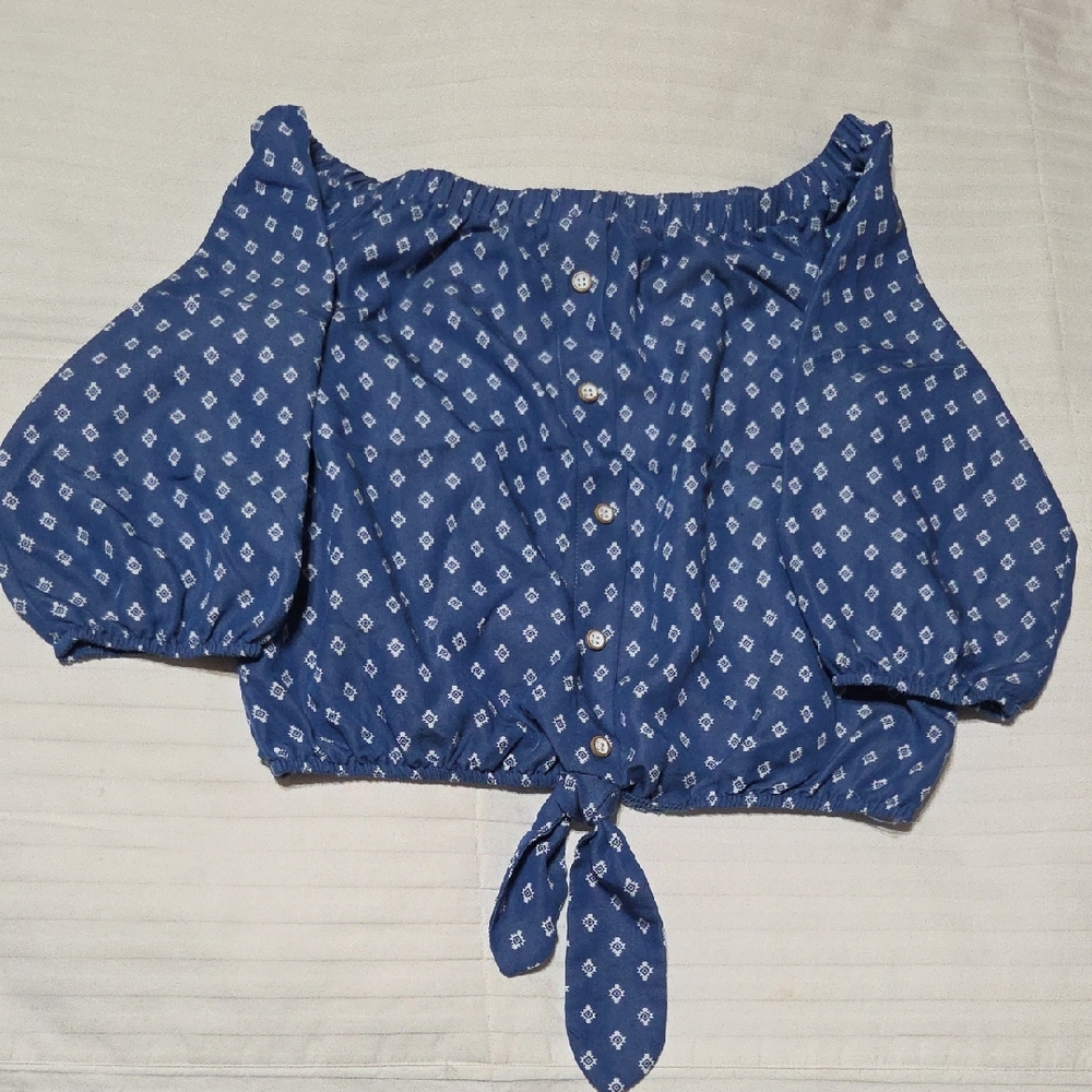 Blue Off-Shoulder Tie-Front Blouse